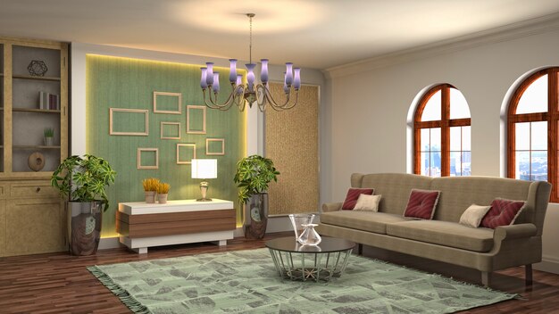 Illustrazione dell'interno del soggiorno. Rendering 3D