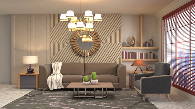 Illustrazione dell'interno del soggiorno. Rendering 3D