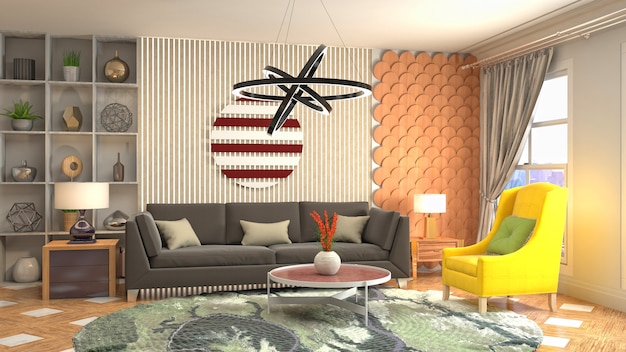 Illustrazione dell'interno del soggiorno. Rendering 3D