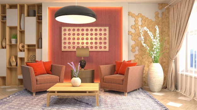 Illustrazione dell'interno del soggiorno. Rendering 3D