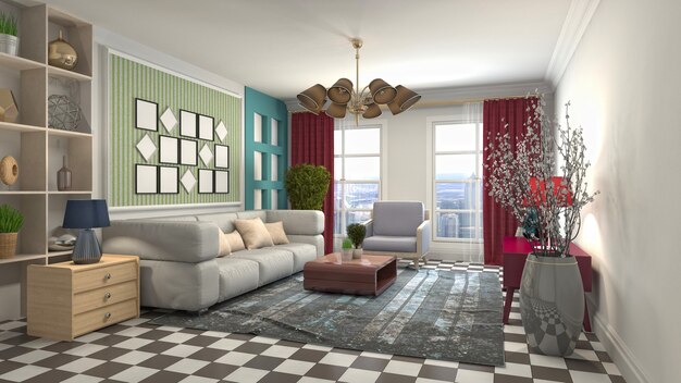 Illustrazione dell'interno del soggiorno. Rendering 3D