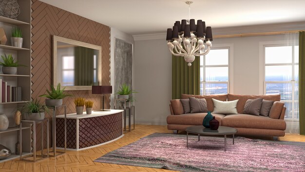 Illustrazione dell'interno del soggiorno. Rendering 3D