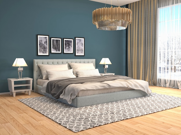 Illustrazione dell'interno della camera da letto. Rendering 3D