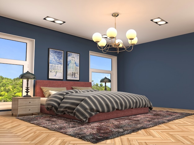 Illustrazione dell'interno della camera da letto. Rendering 3D