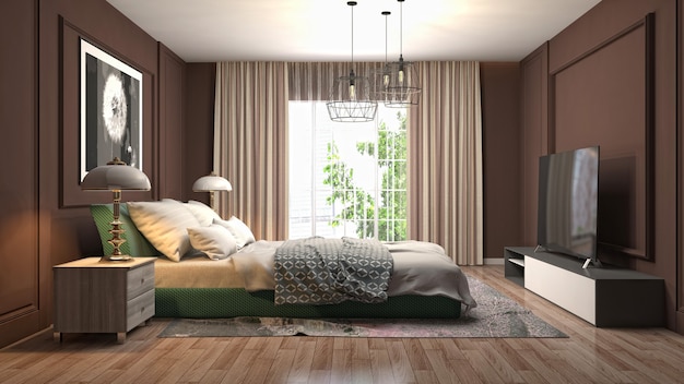 Illustrazione dell'interno della camera da letto. Rendering 3D