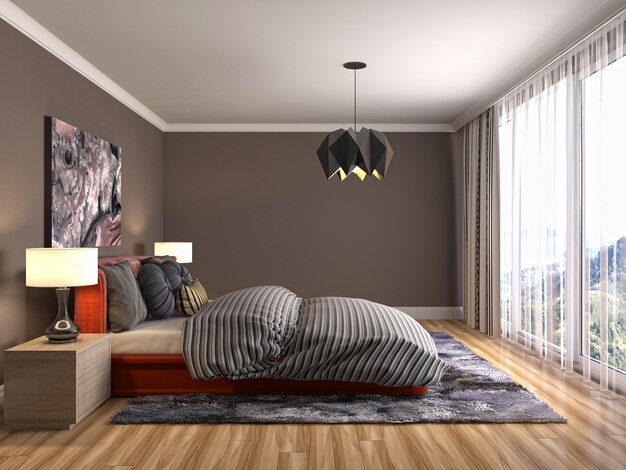 Illustrazione dell'interno della camera da letto. Rendering 3D