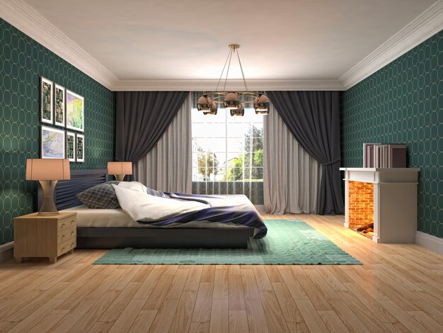 Illustrazione dell'interno della camera da letto. Rendering 3D