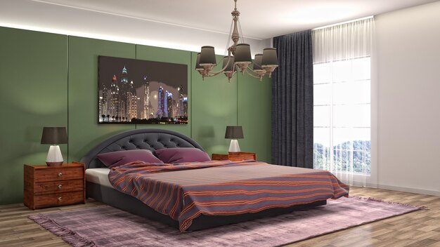 Illustrazione dell'interno della camera da letto. Rendering 3D