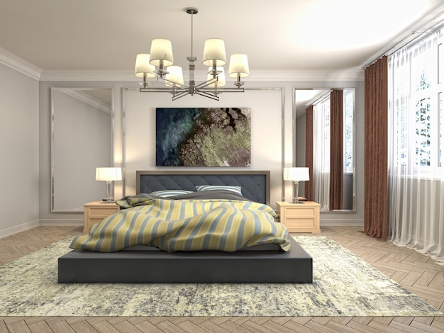 Illustrazione dell'interno della camera da letto. Rendering 3D