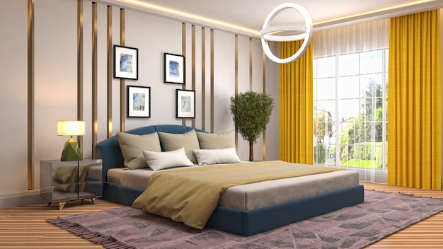 Illustrazione dell'interno della camera da letto. Rendering 3D