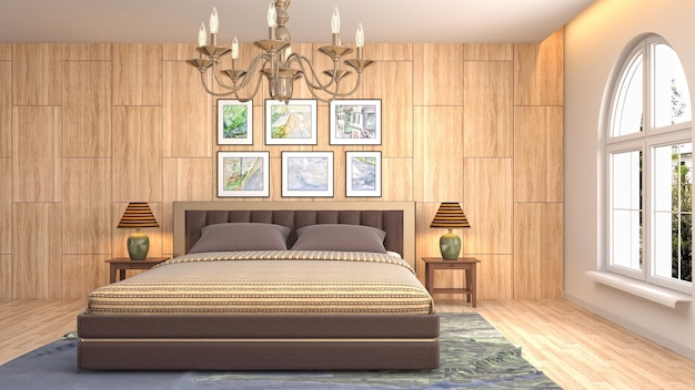 Illustrazione dell'interno della camera da letto. Rendering 3D