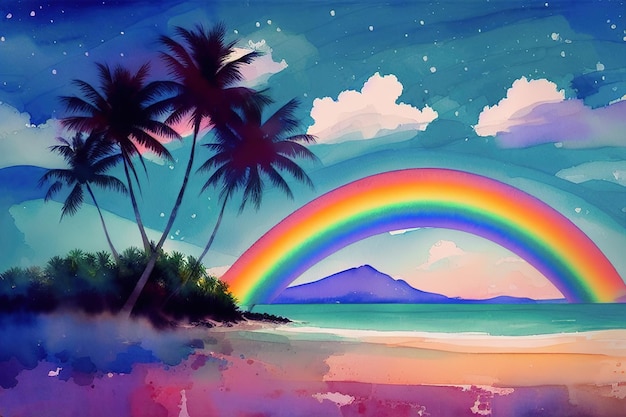 Illustrazione dell'isola tropicale con arcobaleno e palme IA generativa