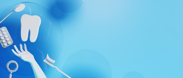Illustrazione dell'oggetto 3D per il dente del dentista con strumenti di assistenza sanitaria medica per la clinica dentale