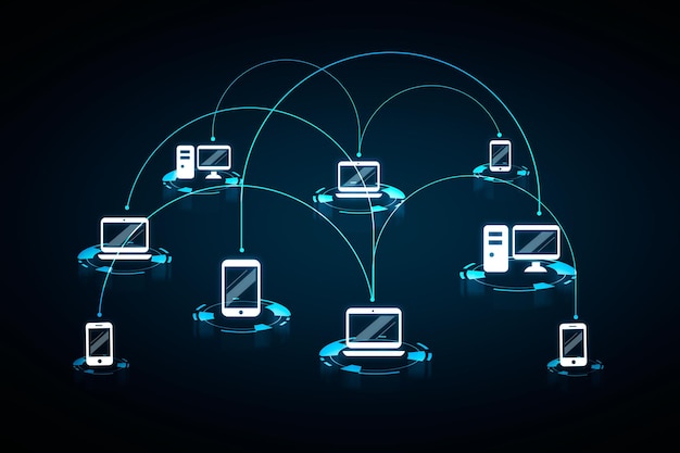 Illustrazione dell'ologramma della rete sociale Rendering 3d del concetto di Internet di comunicazione tecnologica