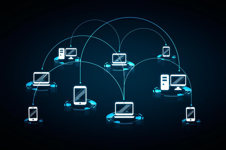 Illustrazione dell'ologramma della rete sociale Rendering 3d del concetto di Internet di comunicazione tecnologica