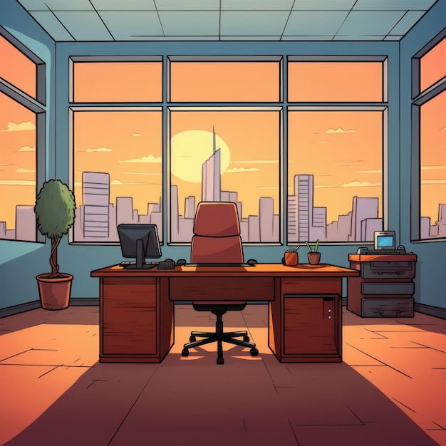 Illustrazione dell'ufficio del direttore in stile anime o cartone animato Ha ampie finestre