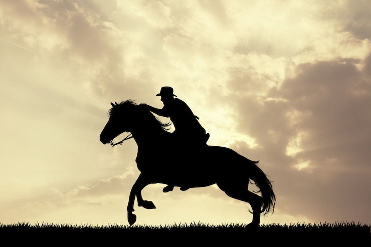 Foto illustrazione dell&#39;uomo a cavallo al tramonto