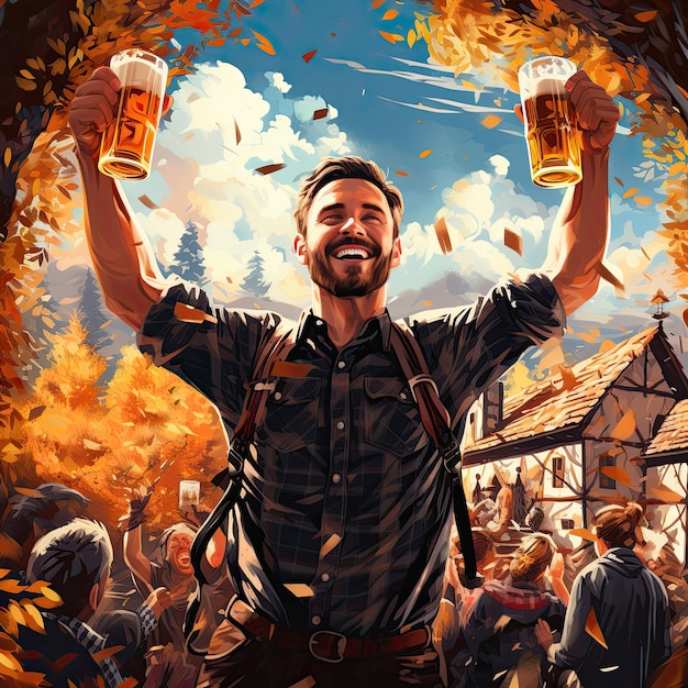 Illustrazione dell'uomo che sorride e beve birra all'Oktoberfest