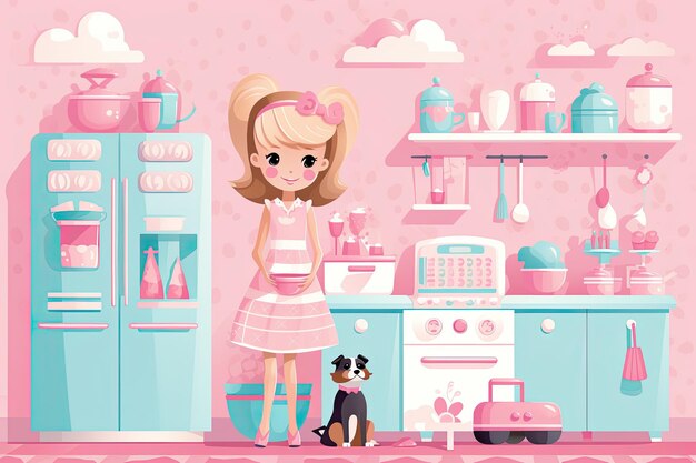 Illustrazione della bambina in cucina rosa in cucina rosa