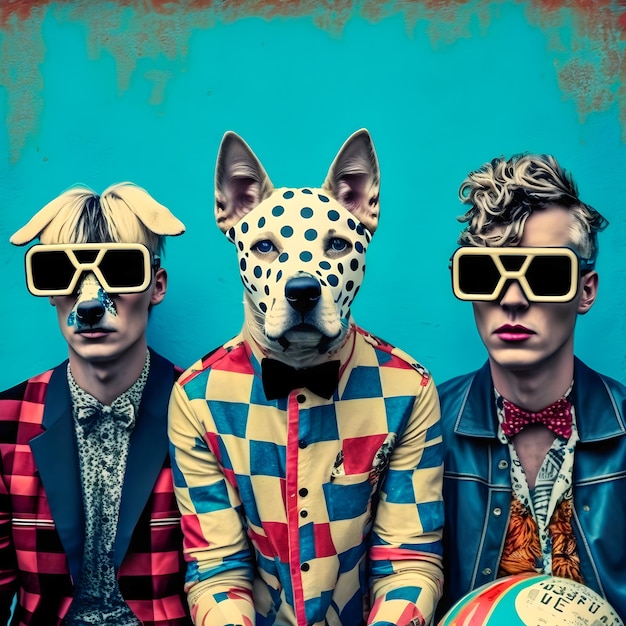 Illustrazione della banda musicale dei cani alla moda, pop retrò e motivo coroful, animale antropomorfo