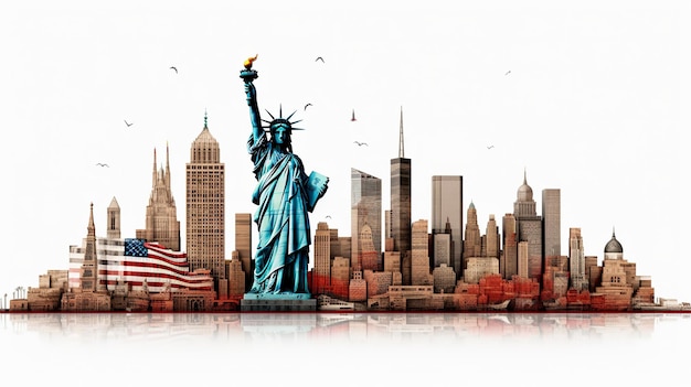 illustrazione della bandiera americana e punti di riferimento usa 3d isolato su bianco