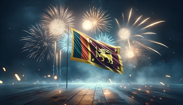 Illustrazione della bandiera dello sri lanka con fuochi d'artificio per il giorno dell'indipendenza