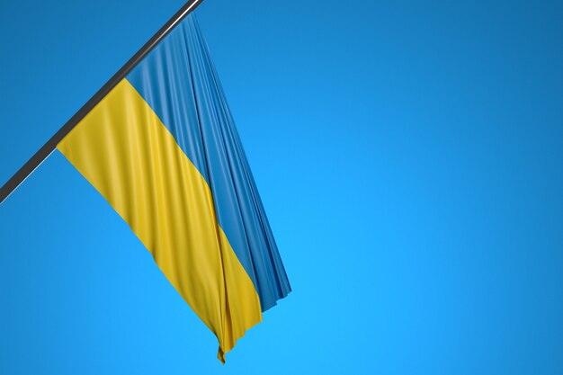 illustrazione della bandiera nazionale dell'Ucraina su un pennone di metallo che fluttua contro il cielo blu