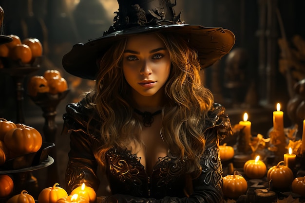 illustrazione della bella strega circondata da zucche intagliate di Halloween Jacko'lanterns