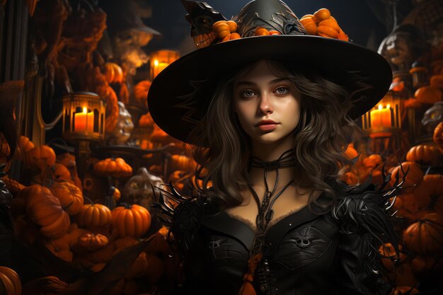 illustrazione della bella strega su sfondo Halloween Concetto di Halloween