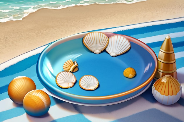 Illustrazione della carta da parati della decorazione del piatto della frutta del fondo di scenario naturale della spiaggia gialla del mare blu