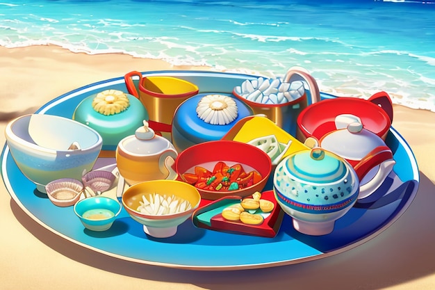 Illustrazione della carta da parati della decorazione del piatto della frutta del fondo di scenario naturale della spiaggia gialla del mare blu