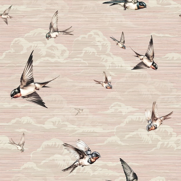 Illustrazione della carta da parati modello vintage di uccelli di rondine che volano in t