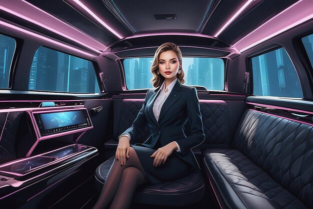 Illustrazione della carta di affermazione Esecutiva femminile in limousine AI generativa