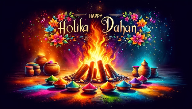 Illustrazione della carta Happy holika dahan con falò e decorazione