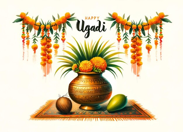 Illustrazione della carta Happy ugadi in stile acquerello