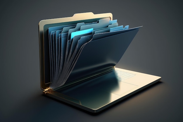Illustrazione della cartella di file sullo schermo del laptop sfondo blu scuro IA generativa