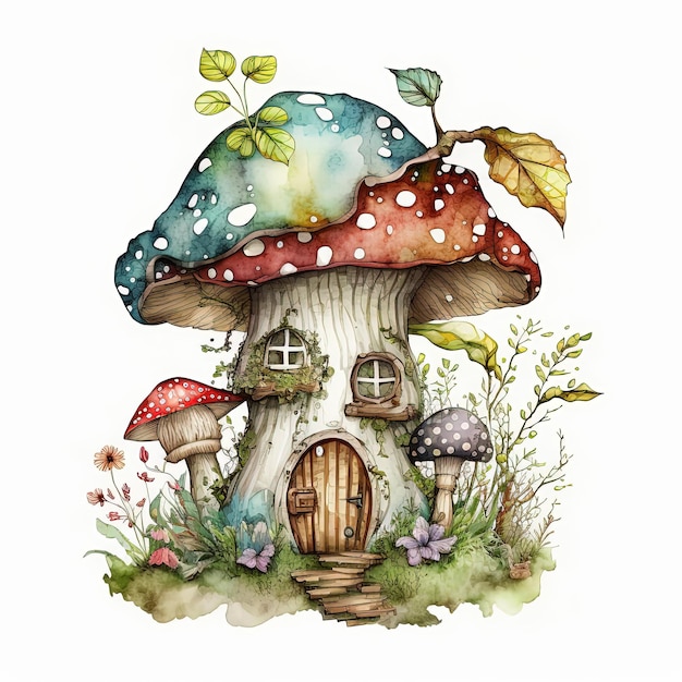 Illustrazione della casa dei funghi stravagante dell'acquerello su sfondo bianco Ai generato
