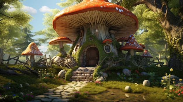 Illustrazione della casa fantasy dei funghi natura casa delle fate foresta delle fiabe albero cottage magico