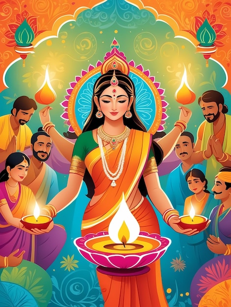 Illustrazione della celebrazione di Diwali con una bellissima donna che tiene in mano una candela luminosa shubh deepavali