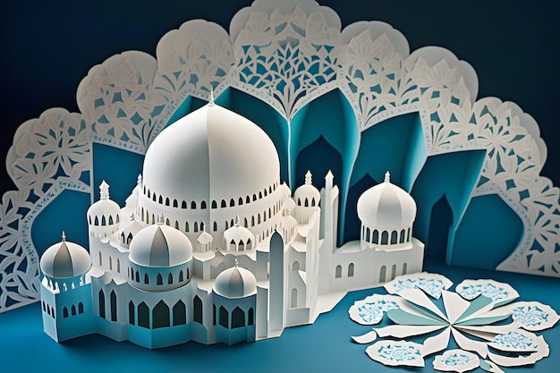 Illustrazione della città con la moschea nella notte del Ramadan Kareem Rete neurale generata dall'intelligenza artificiale