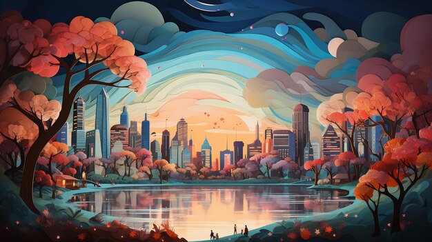 illustrazione della città di Singapore in stile Tracie Grimwood e Suminagashi