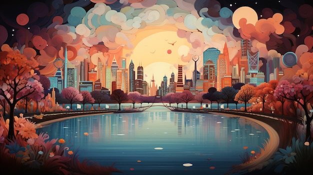 illustrazione della città di Singapore in stile Tracie Grimwood e Suminagashi