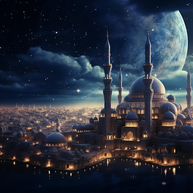 illustrazione della città islamica con la luna crescente e l'orizzonte della moschea