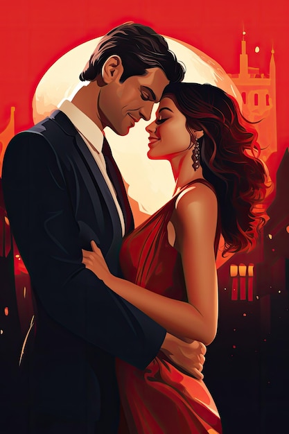 Illustrazione della coppia in abiti da sera Lei indossa un abito rosso lui indossa un abito Sorridono e si coccolano a vicenda