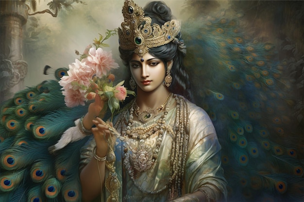 illustrazione della dea Lakshmi seduta su un loto con fiori