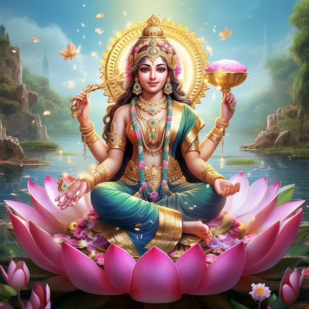 illustrazione della dea Lakshmi seduta su un trono dorato e holdi