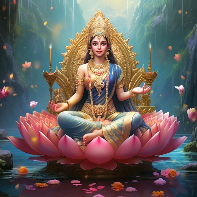 illustrazione della dea Lakshmi seduta su un trono dorato e holdi