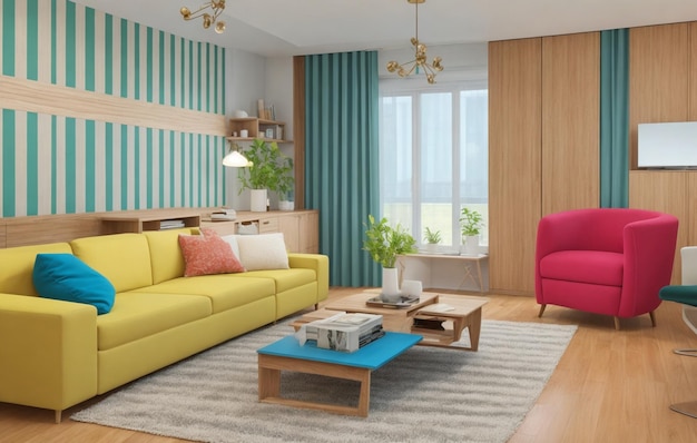 Illustrazione della decorazione interna del soggiorno in 3D Ai generativa