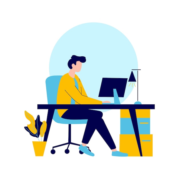 Illustrazione della designazione piatta dell'uomo imprenditore che lavora con il computer in ufficio