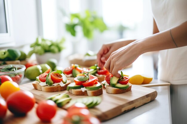 Illustrazione della donna che cucina bruschetta con mozzarella avocado pomodori e basilico